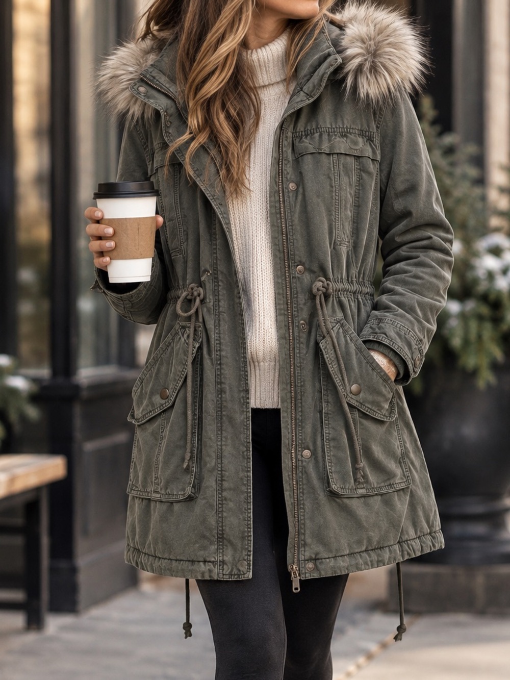 American Eagle Outfitters Women’s XL Green Utility Parka Coat Faux Fur Hood 2018